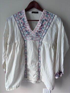 Limelight Ivory Embroidered V-Neck Tunic with Pink & Teal Floral Trim